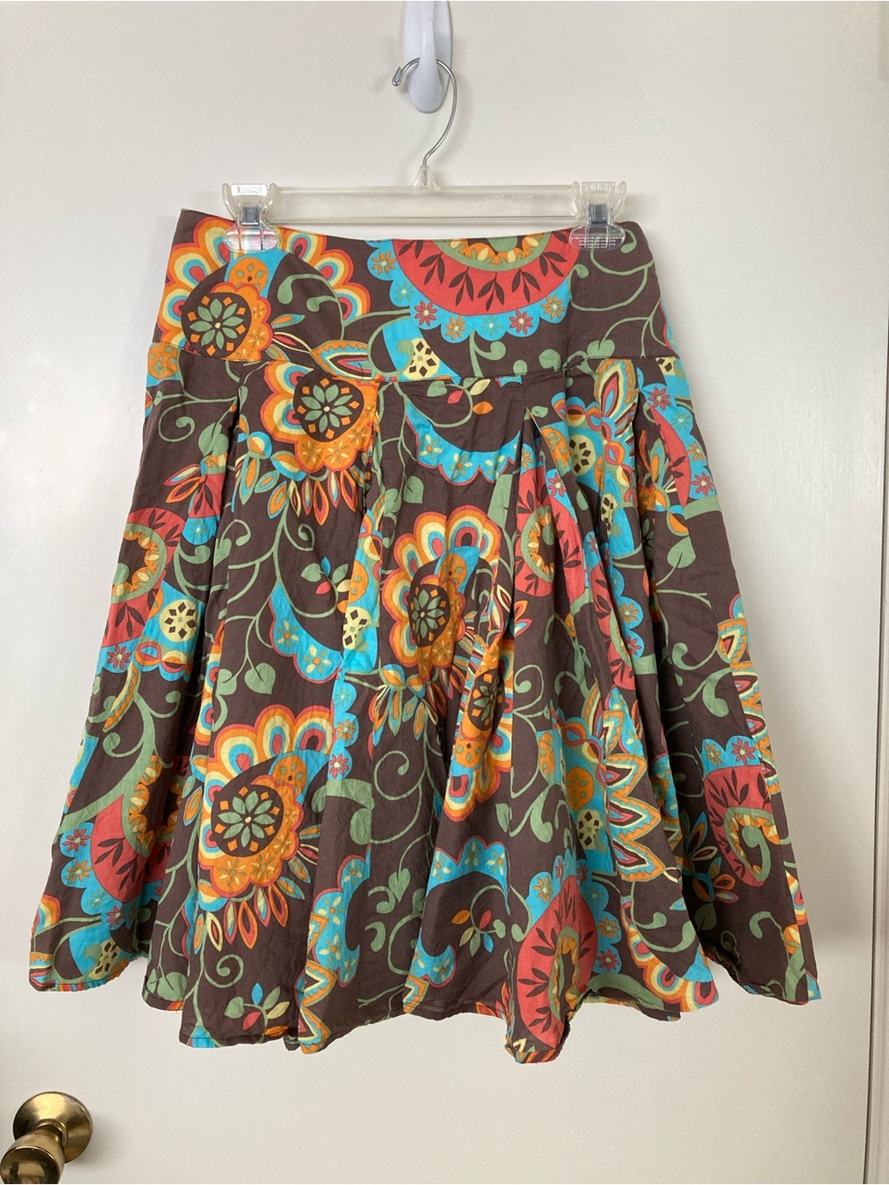 New York & Company brown pleated midi skirt with colorful floral paisley print